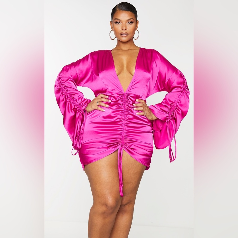 PrettyLittleThing Satin Plunge Ruched Front Dress,Size 20,Fuchsia Pink,